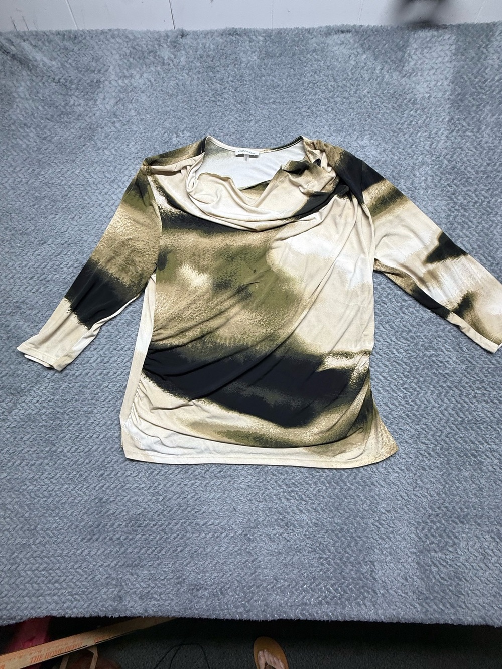 Calvin Klein Long Sleeve Draped Cowl Neck Top in Cream, Olive & Black